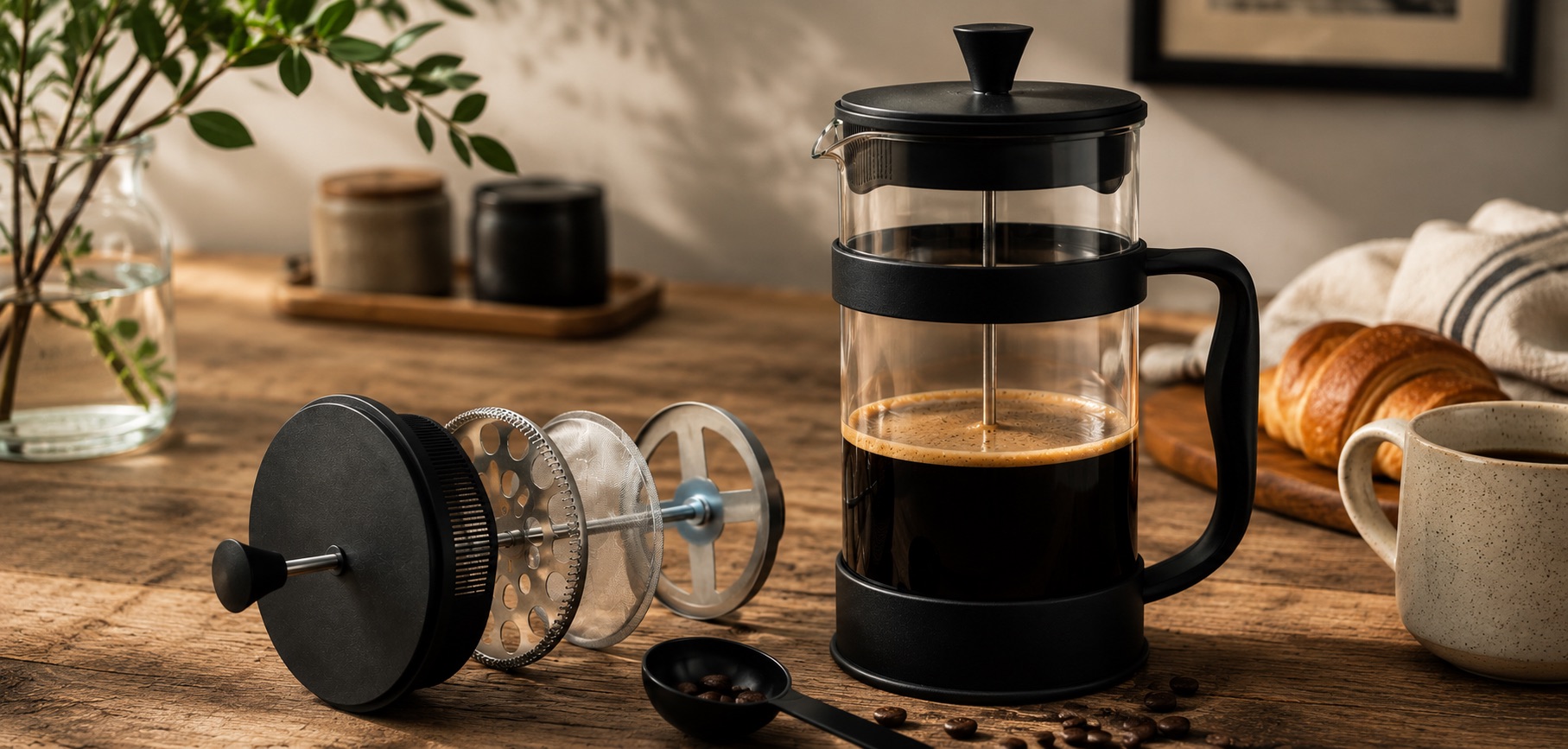 A Utopia Kitchen french press with freshly brewed coffee on a warm kitchen counter